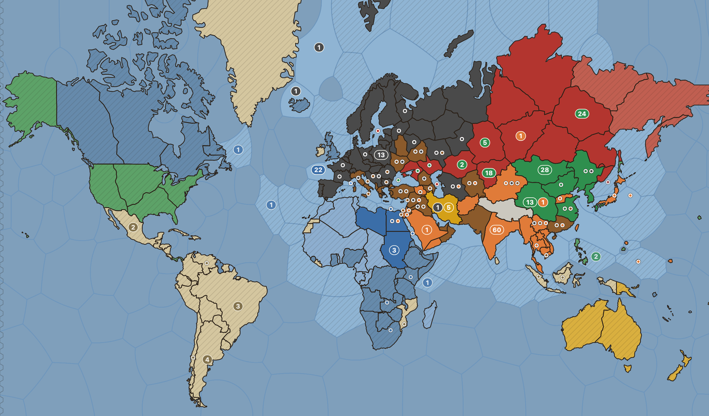 A world map held by seven sides, each in its colour, with unit counts