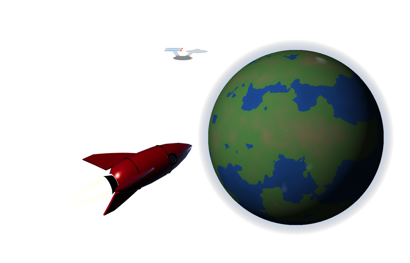 A warship and a saucer in orbit of a blue planet, seen from space